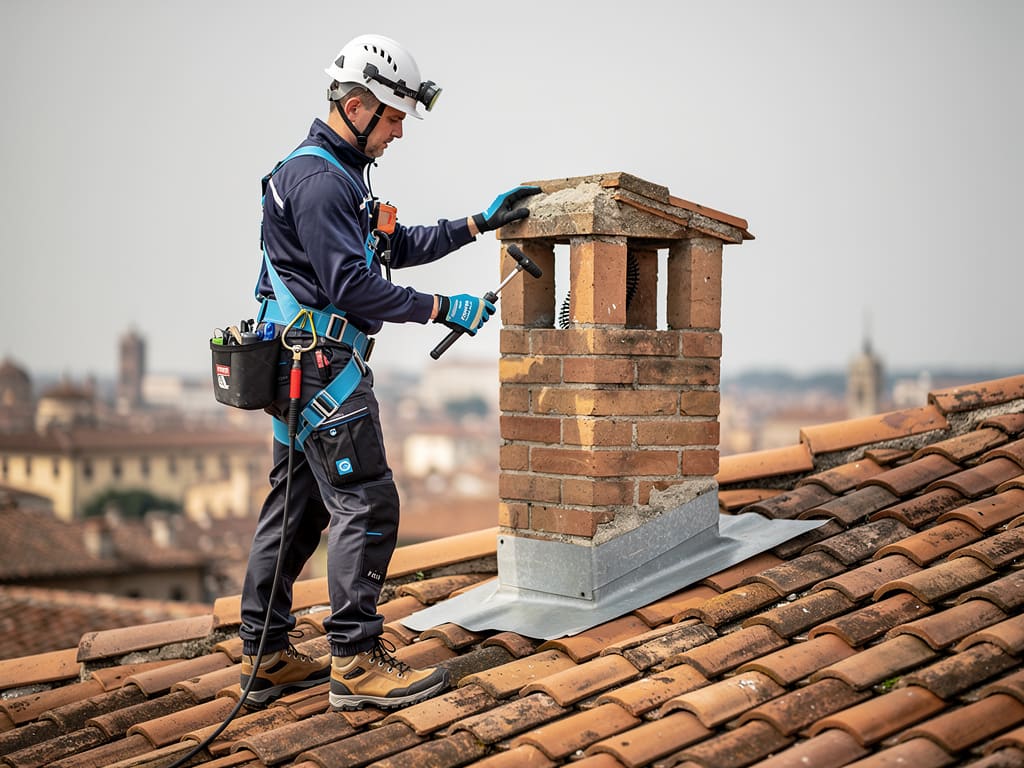 Spazzacamino al lavoro su un comignolo residenziale a Genova