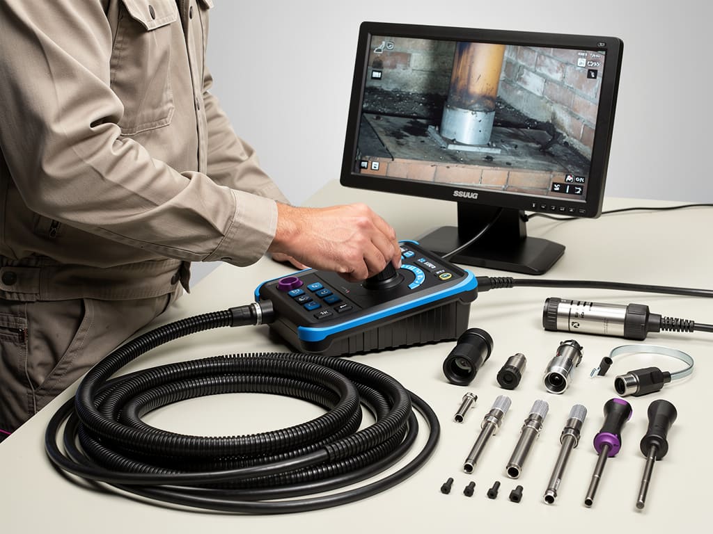 Tecnico che controlla una canna fumaria con videocamera di ispezione